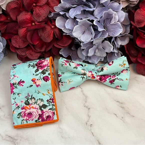Light Blue Floral Butterfly Bow Tie and Pocket Square - Picture 6 of 16